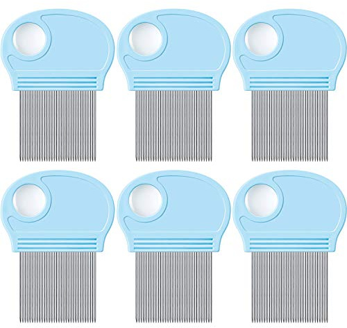 6 Pieces Head Lice Remover Nit Removal Hair Comb with Magnifier, Fine Metal Teeth Tool for Dogs Cats Pet Human Grooming and Removing Dandruff Flakes/Lice Eggs, Sky Blue