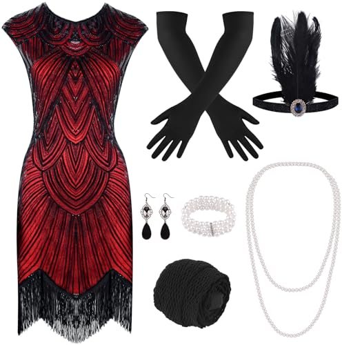 PLULON 1920er Pailletten-Perlen-Fransen-Flapper-Kleid mit 20er-Accessoires-Set (rot)