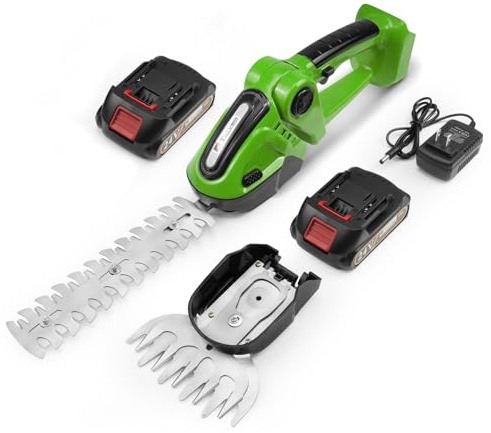 Hedge Trimmer Cordless, TOOVEM 2 in 1 Handheld Cordless Grass Shear with 2 Pcs Rechargeable Batterys and Charger, 24V Electric Weed Grass Cutter Shrubbery Trimmer for Garden, Lawn (Green)