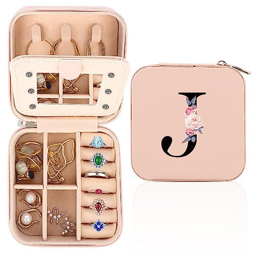 WALLFID Travel Jewellery Box,Alphabet Jewellery Organiser,Portable Jewellery Box,Small Travel Jewellery Storage Case with Mirror,Birthday Gift for Women,Mothers Birthday Valentines Day Gift Ideal(J)