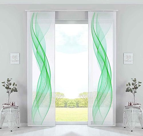 Gardinenbox 2er Set Schiebegardinen Flächenvorhänge »Izmir« HxB 245x60 cm Welle Grün Voile Halbtransparent Paneelwagen Beschwerungsstange, 2022400-2