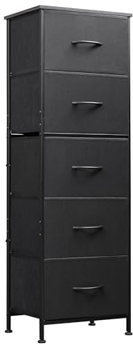 WLIVE Fabric Dresser, 5-Drawer Tall Dresser for Bedroom, Storage Organizer with Fabric Bins, Wood Top, Sturdy Steel Frame, Chest of Drawers for Closet, Hallway, Charcoal Black