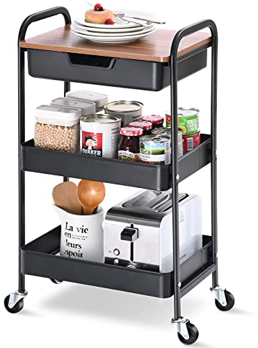 KINGRACK Carro de Almacenamiento de 3 Niveles con Mesa, Carro Multifuncional de Metal para Cocina, hogar, Oficina, baño, Negro