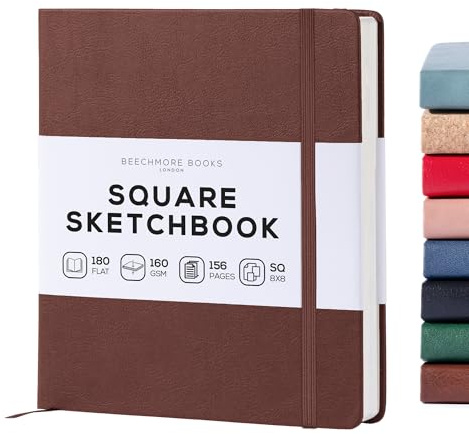 BEECHMORE BOOKS Quaderno da disegno quadrato (20,3 x 20,3 cm) – 156 pagine, 160 g/m² | Copertina rigida in similpelle, apertura piatta, pagine perforate, confezione regalo, diario artistico