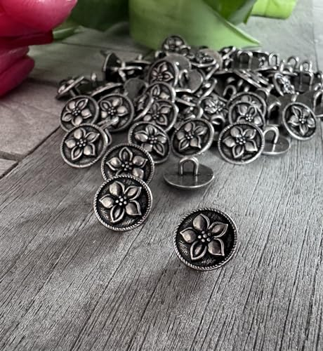 10 Stück Dirndl Knöpfe altsilber aus Metall Blume Enzian 12mm made in Germany