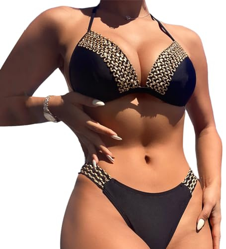 EMOTTOS Maillot de Bain Sexy à côtes pour Femmes, Maillot de Bain Dos Nu à col en V lacé avec Soutien-Gorge,Maillot de Bain Deux pièces à Taille Haute, Souple et très élastique(4 MODÈLES, S/M/L)