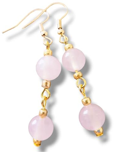 Rose Quartz Gemstone drop dangle bead Earrings 8mm round on Gold Wire heart chakra mothers day (Rose Quartz)