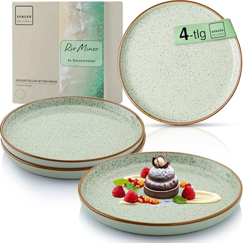 Sänger Rio Minze | Dessertteller 4 teilig, Steingut Frühstücksteller 4 Personen, Kuchenteller spülmaschinenfest mikrowellenfest multifunktional, Steingut Geschirr mintgrün | VALUE COLLECTON