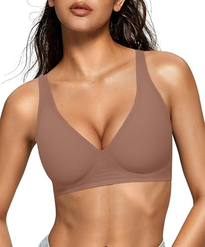 OEAK Womens Deep V Bras Wireless Comfortable Bra Supportive No Underwire Bras Tshirt Push Up Bralettes Plunge Seamless Bra Coffee XXL