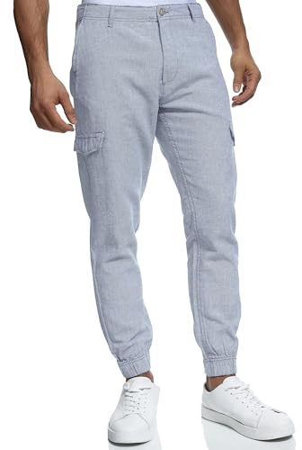 Indicode Herren Booth Cargohose aus Leinen & Baumwolle mit 6 Taschen | Stoffhose für Männer Blue Wave, M