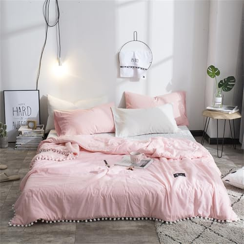 Surwin Colcha Bouti Seersucker Color Sólido con Pompón, Colchas Acolchado Reversible para Cama Colcha para Primavera y Verano Edredón Ligera Microfibra Suave Lavable (Rosa,180x220cm)