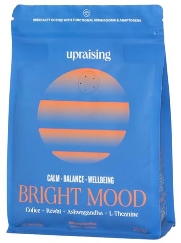 Upraising - Bright Mood | Mushroom Coffee | Café Molido + Hongo Reishi + Ashwagandha + L-Theanine | Suplementos Alimenticios | Cafe de Hongos, Adaptogenos y Nootropicos para Calma, Bienestar y Balance