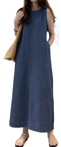Vestido Largo Informal sin Mangas de Mezclilla para Mujer, Estilo Vintage, Holgado, con Cuello Redondo y Bolsillos (Dark Blue,XL)