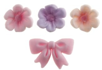 dekora - Flores de azúcar para tartas, Set de decoraciones comestibles con 7 flores y 2 lazos rosas, Adornos dulces para cupcakes, Baby shower, Gender reveal, Cumpleaños y Repostería creativa