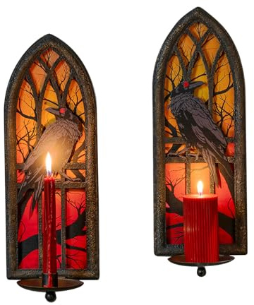 AimtoHome Gothic Wall Candle Sconces Set of 2, Wrought Iron Crow Wall Mounted Candelabra Holder with Removable Trays for Taper & Pillar Candles, Medieval Cathedral Window Design, Dark Academia Decor