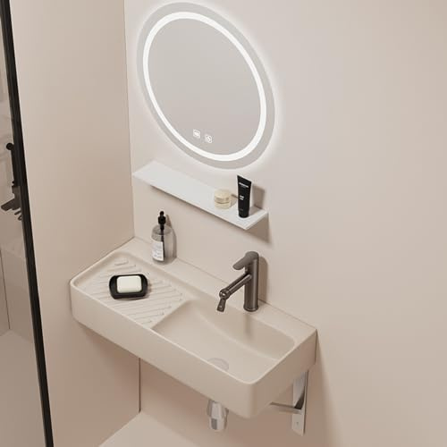 Wall Mount Bathroom Vessel Sink, Lengthen Ceramic Cloakroom Basin Rectangular Gloss Vanity Sink, Wall Hung Corner Washbasin, Standard Drain Holes(Beige A,80x31x13.5cm)