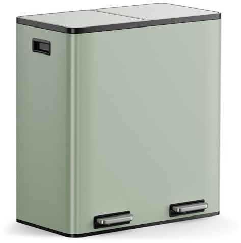 VonHaus Kitchen Bin, 60L Double Recycling Bin for Kitchen, Two Section Food Waste Separation System with Non-Slip Base & Removable Inner-Compartments, Large Airtight Trash Can, 2 x 30L (Sage Green)