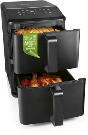 GOURMETmaxx FryUp vertikale Doppelkammer Heißluftfritteuse - 10 L | Airfryer mit 9,8 Zoll Multi-Colour LED-Touchdisplay & 11 Programmen | Heißluftfritteuse 2 Kammern mit Oberhitze