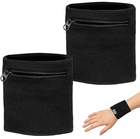 2 stycken svettband, handled med dragkedja, handledsväska av bomull, sportsvettband för nycklar, pengar, jogging och basket, praktiskt svettband för män och kvinnor