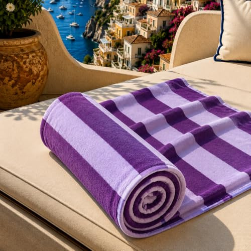 PETTI Artigiani Italiani - Telo Mare Microfibra, Asciugamano Mare o Piscina, Telo per Lettino Spiaggia, Grande 90x180 cm, Righe Viola Lilla