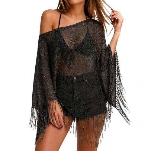 newhsy Womens Fringe Knit Poncho, Lightweight Sheer Summer Beach Cover Up, Loose Off-Shoulder Asymmetrical Shawl for Beach, Vacation, Daily Wear and Outdoor Activities Black