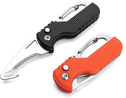 ITOKEY 2 Pack Safety Box Cutter, EDC Seat belt Cutter with 1.1inch Hook Blade, Retractable Package Opener for Wrap, Tape and Strap, Small Keychain Knife, Cool Gadgets for Women Men