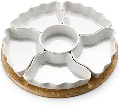 DOWAN 360° Rotatable Serving Tray and Platters, 12 Inch Divided Serving Bowls for Party, Kitchen Decor, Removable Serving Dishes for Chips and Dip, Fruit, Veggies, Candy and Snacks, 7 Pieces, White