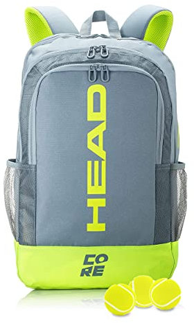HEAD Core Tennis-Rucksack – Tragetasche für 2 Schläger mit gepolsterten Schultergurten, Grau/Gelb, Größe L