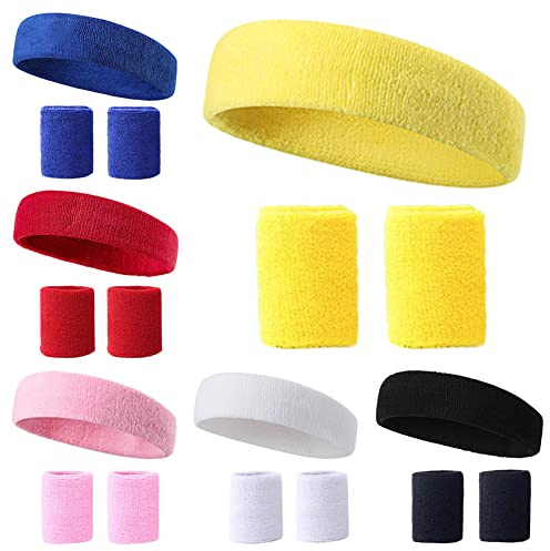 18 Piezas Diadema Deportiva para Hombres y Mujeres Cinta Frente Sudor Muñequeras Conjunto Banda Elástica de Pelo Transpirable Antideslizante Algodón de Absorción de Humedad