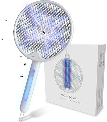 MOSQZAP Electric Fly Swatter, Foldable Bug Zapper Racket, 3,500Volt Mosquito Killer Electronic Fly Zapper w/Purple Light Attractant for Home Indoor Outdoor, Large Size, White