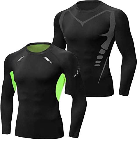 Terecey 2 Pezzi Maglia Termica Uomo Manica Lunga Maglia a Compressione Uomo Ad Asciugatura Rapida Maglie Tecnica Traspirante Maglie Sportiva Palestra T-Shirt Nero + Verde-L