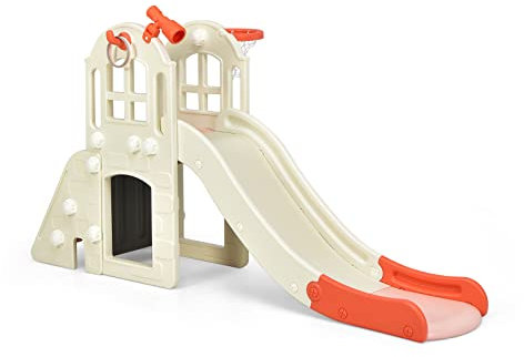 DREAMADE Toboggan Enfants 6 en 1 Panier de Basket Escalade Tunnel Lancer d'Anneaux Télescopique Decoratif, Toboggan Extérieur et Intérieur en HDPE pour 3-8 Ans, Balle Souffleur Inclus (Rose)