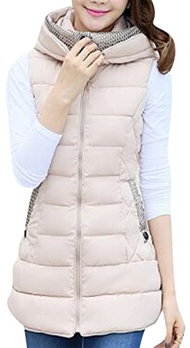 YMING Mujeres Invierno Chaleco Acolchado Cremallera Chaleco Algodón Largo Con Bolsillos Abrigo Ligero Beige S