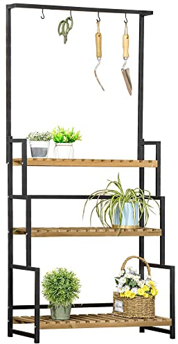 Outsunny 3-Etagen Pflanzenregal aus Metall und Massivholz Schwarz+Natur
