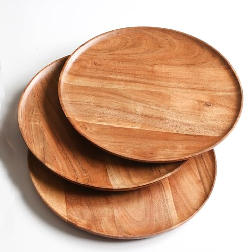Lightnpro Acacia Round Wooden Charger Plates - Appetizer Plates, Centerpiece Tableware, Service Plates for Salad, Sandwiches, Burgers, Dinner, Lunch, Weddings, Catering - Set of 4, 10 Inch, Natural