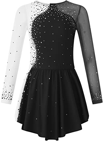 TiaoBug Abito da Pattinaggio Artistico sul Ghiaccio per Ragazze Bambine Concorso Gara di Pattinaggio di Figura Vestito da Balletto Pattinatrice a Maniche Lunghe 4-14 Anni Nero N 7-8 Anni
