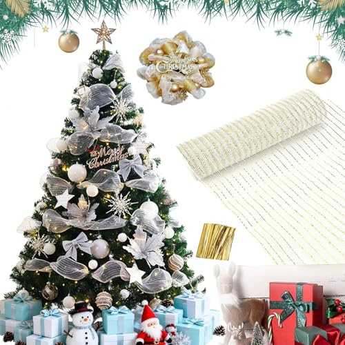 Ghirlanda Di Decorazioni Natalizie, Ghirlanda Di Alberi Di Natale, Nastro In Rete Di Lamina D'oro, Decorazione Del Giardino Di Ringhiera Per Feste Di Nozze Di Pasqua 26 Cm X 9,14 M (Bianco)