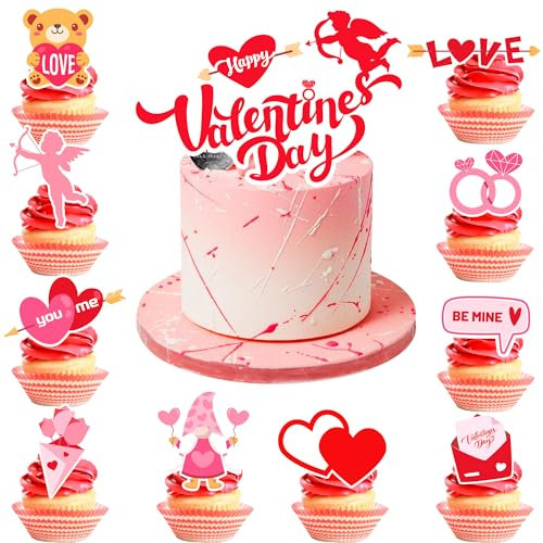 Happy Valentine's Day Décoration de Gâteau, 20 Pcs Cupcakes Topper Saint-Valentin/Saint Valentin Heureux Cupcake Topper & 1 Pcs Chapeaux de Gâteau de la Saint-Valentin pour Decoration Saint Valentin