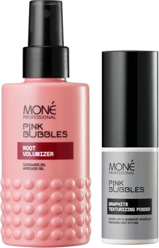 MONÉ Professional Styling Spray & Volume Powder Set, Dark Hair, 150ml+8g | Spray on damp hair and blow-dry, then 1-2 taps of powder at the roots. Tinted for deep shades, barely-there shimmer.
