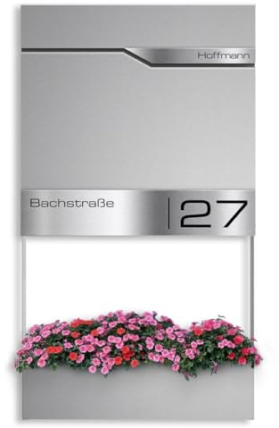 Metzler Briefkasten Graualuminium RAL9007 mit Blumenkasten, Zeitungsfach & Hausnummer – Wandbriefkasten personalisiert Laser Gravur – Postkasten mit Namensschild wasserdicht & rostfrei | Siebert Frame