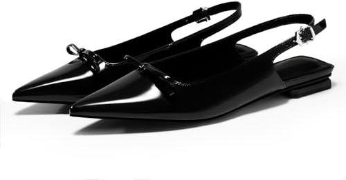 Coutgo Womens Slingback Flats Bow Slip on Dress Shoes Buckle Comfortable Ballet Flats Pointed Toe Flat Party Work Shoes, Black, Size 9.5