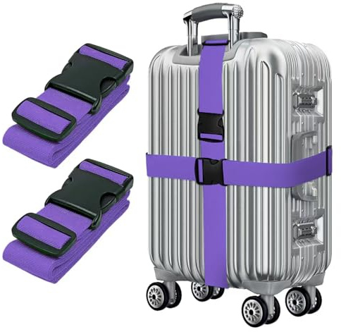 Sangles de Bagage Réglables avec Boucle Élastique Croisée pour Valise de Voyage - Lanière et Attache Sécurisée - 2 Pièces (Violet)