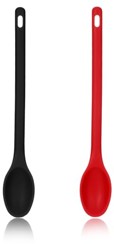 Shimmeroo Cucchiai in silicone con manico lungo, cucchiai da mescolare in silicone per cucinare e servire e mescolare (rosso e nero)