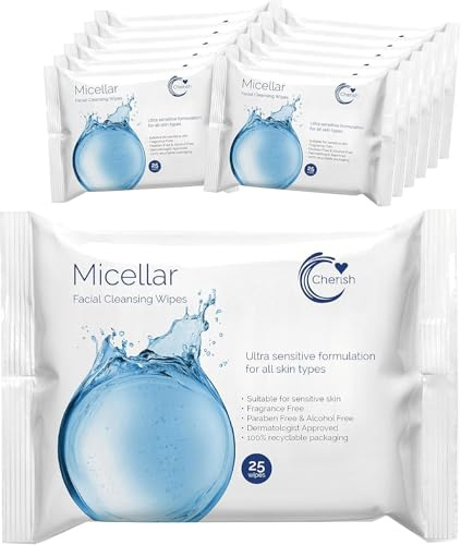 Cherish Hypoallergenic Facial Cleansing Micellar Water Recyclable Wipes, Make Up Removal, Sensitive Dry Gentle Skin (12 packs x 25 wipes totaling count 300 Face wipes)
