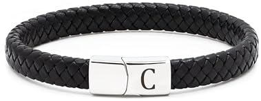TOLOWOBK Bracelet Cuir Homme Tressé avec Initiale Alphabet Noir Manchette avec Fermoir Magnétique Idée Cadeau Fête des Pères Anniversaire Noël Bijou Personnalisé pour Papa Mari Fils Maitresse