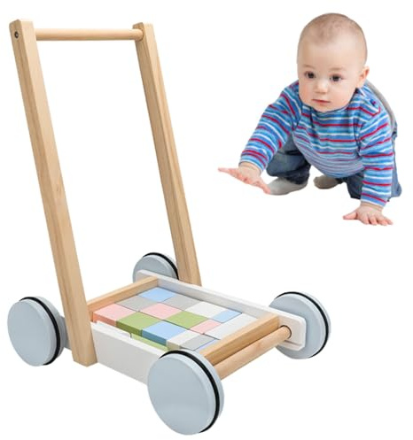 Wooden Baby Learning Walker – Toddler Push Toy, Building Block Stroller, Educational Development Activity, Gross Motor Coordination, Color Recognition, Stability Balance Skills, Durable Smooth