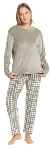 TRAMAS+ Pijama de Mujer Terciopelo Super Soft, Pijama Largo de Invierno, Conjunto de Camiseta de Manga Larga y Pantalón Largo con Cintura Ajustable - M, Cuadro Roberto Verde Caceria