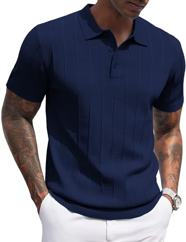 COOFANDY Polo Hombre Manga Corta Verano Tejido Diseñador Botones Golf Trabajo Casual Elegante Azul Marino XL