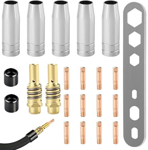 22 Piezas Accesorios MIG MAG MB15AK, Soldadura Consumibles Máquina de Soldadura Punta Contacto Tip Antorcha M6 0,8 mm Soporte de Boquilla Aislador Llave para Antorcha Consumibles