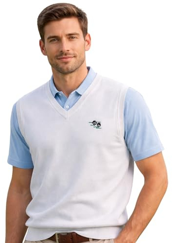 Guv'nors Mens Bowling Tank Top Knitted Sleeveless Jumper White with Bowls Logo On The Front V Neck XL